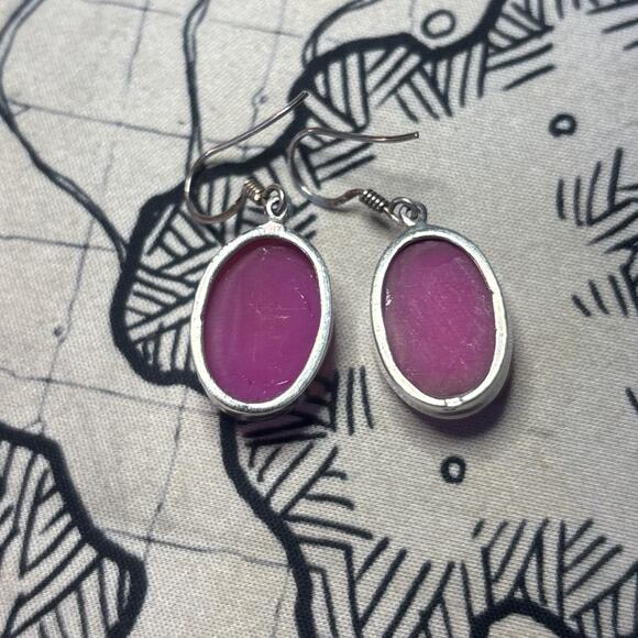 Pink Druzy 925 Sterling Silver Polished Stone Oval Shaped Dangle Earrings - Picture 6 of 6